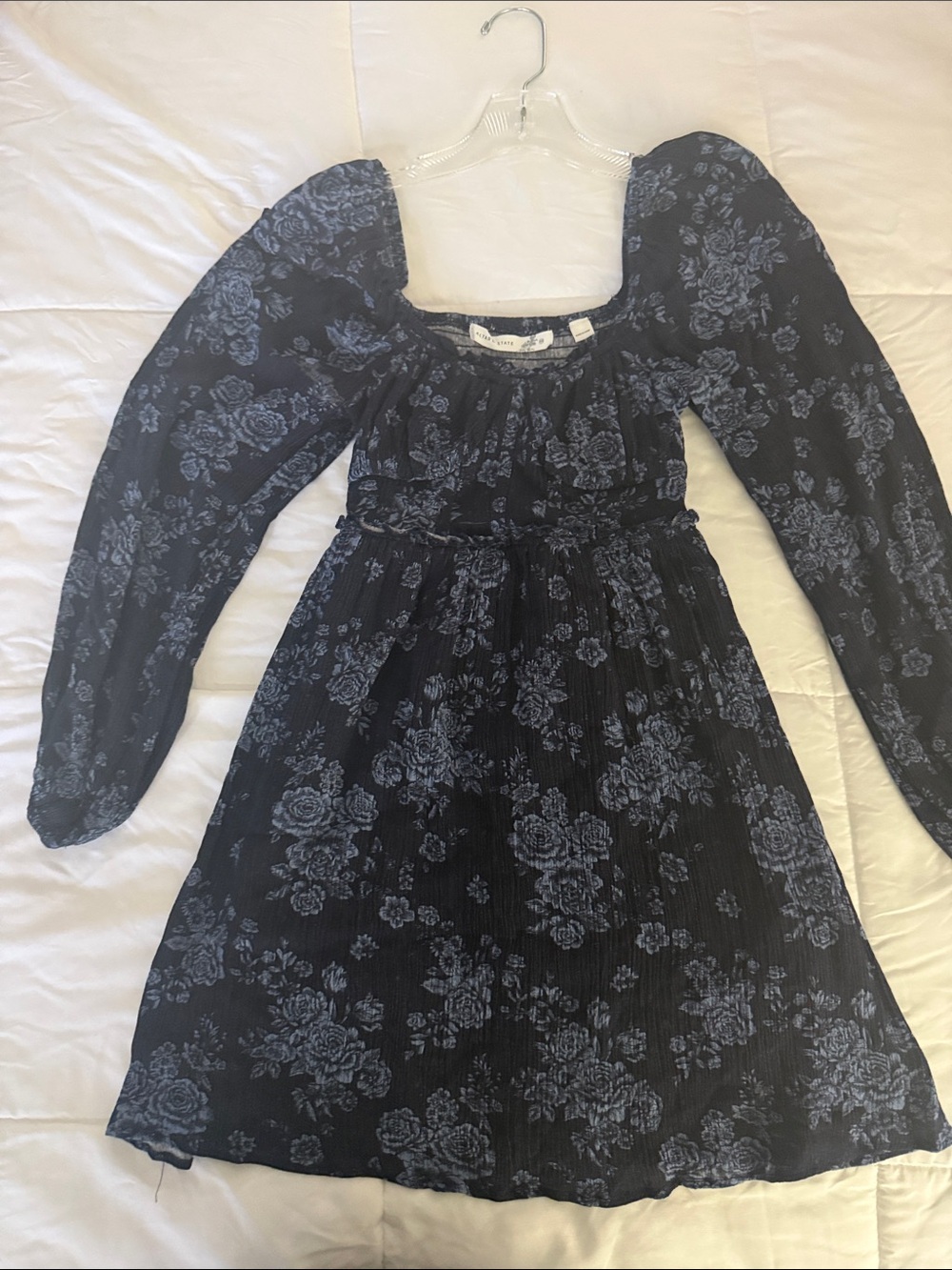 Altar'd State Navy Dress with Light Blue Floral Print and Square Neck